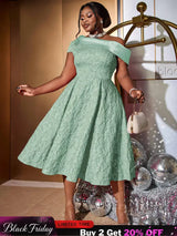 AOMEIDRESS Green Jacquard A Line Dresss Cold Shoulder Irregular Floral
