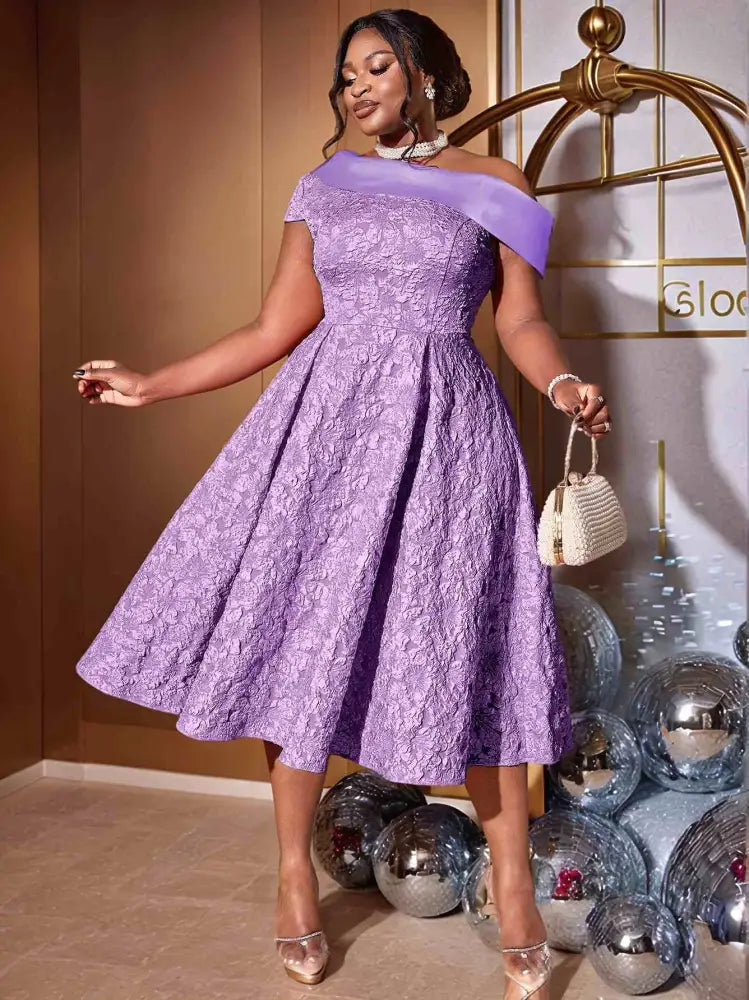 AOMEIDRESS Green Jacquard A Line Dresss Cold Shoulder Irregular Floral Purple / S