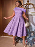 AOMEIDRESS Green Jacquard A Line Dresss Cold Shoulder Irregular Floral Purple / S