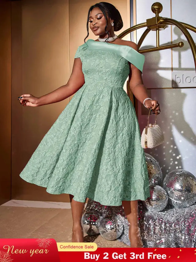 AOMEIDRESS Green Jacquard A Line Dresss Cold Shoulder Irregular Floral
