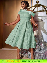 AOMEIDRESS Green Jacquard A Line Dresss Cold Shoulder Irregular Floral
