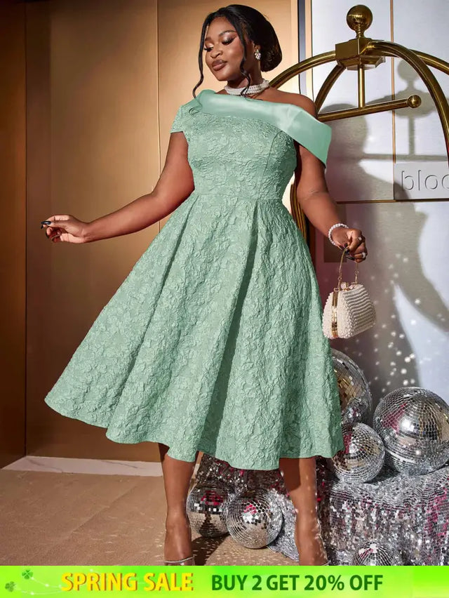 AOMEIDRESS Green Jacquard A Line Dresss Cold Shoulder Irregular Floral
