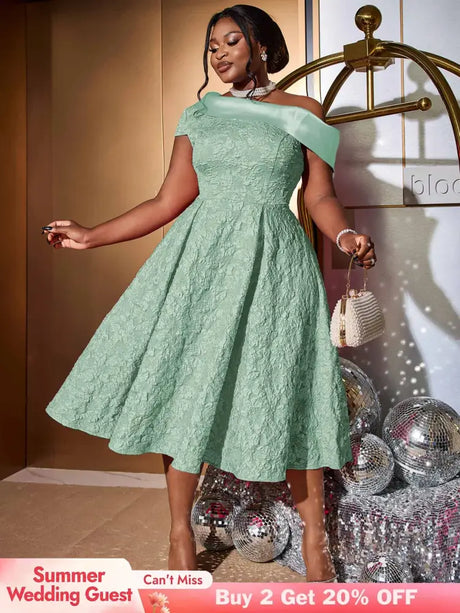AOMEIDRESS Green Jacquard A Line Dresss Cold Shoulder Irregular Floral
