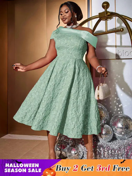 AOMEIDRESS Green Jacquard A Line Dresss Cold Shoulder Irregular Floral
