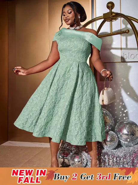 AOMEIDRESS Green Jacquard A Line Dresss Cold Shoulder Irregular Floral
