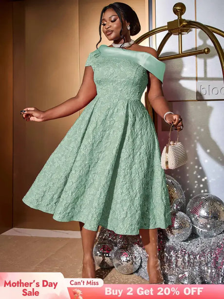 AOMEIDRESS Green Jacquard A Line Dresss Cold Shoulder Irregular Floral
