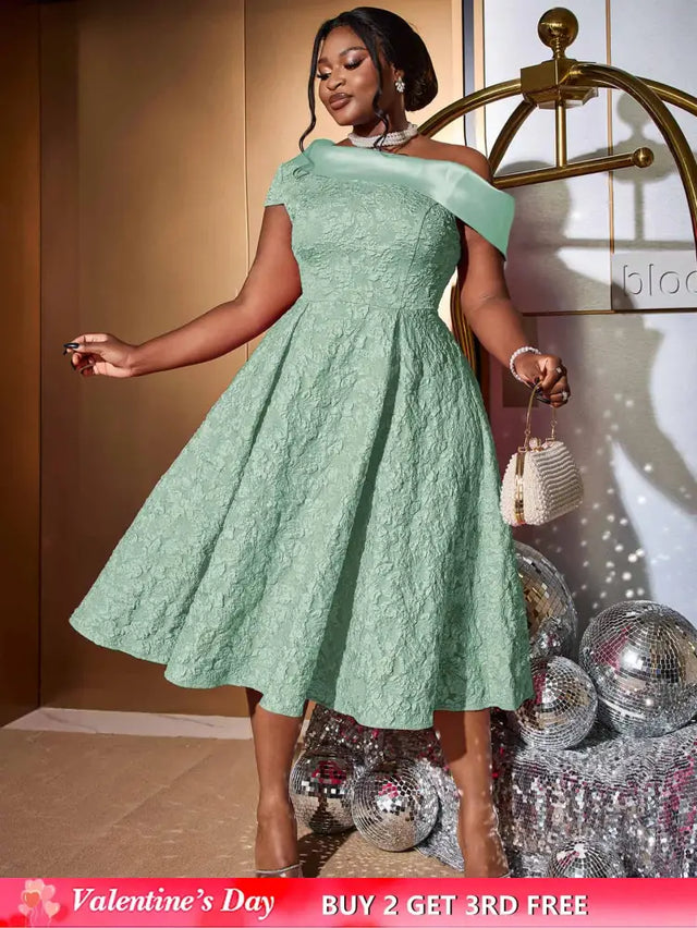 AOMEIDRESS Green Jacquard A Line Dresss Cold Shoulder Irregular Floral

