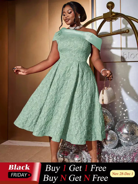 AOMEIDRESS Green Jacquard A Line Dresss Cold Shoulder Irregular Floral
