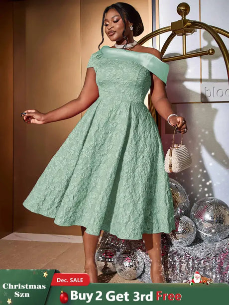 AOMEIDRESS Green Jacquard A Line Dresss Cold Shoulder Irregular Floral
