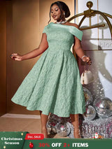 AOMEIDRESS Green Jacquard A Line Dresss Cold Shoulder Irregular Floral
