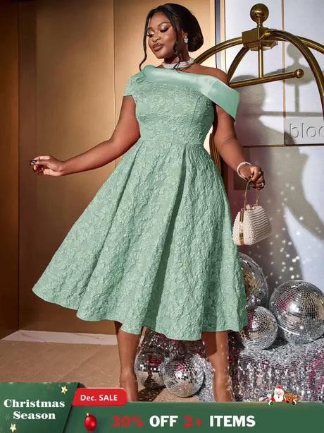 AOMEIDRESS Green Jacquard A Line Dresss Cold Shoulder Irregular Floral
