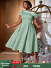 AOMEIDRESS Green Jacquard A Line Dresss Cold Shoulder Irregular Floral
