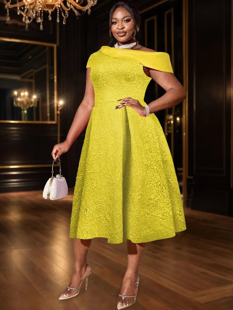 AOMEIDRESS Green Jacquard A Line Dresss Cold Shoulder Irregular Floral Yellow / S