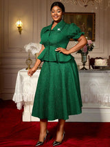 AOMEIDRESS Green Jacquard Two Pieces Set Turn Down Collar Buttoms Peplum Belly Hide Suit A Line Skirt