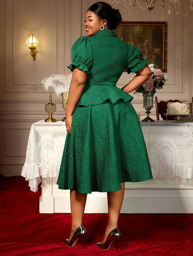 AOMEIDRESS Green Jacquard Two Pieces Set Turn Down Collar Buttoms Peplum Belly Hide Suit A Line Skirt