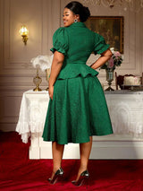 AOMEIDRESS Green Jacquard Two Pieces Set Turn Down Collar Buttoms Peplum Belly Hide Suit A Line Skirt