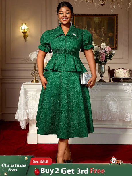 AOMEIDRESS Green Jacquard Two Pieces Set Turn Down Collar Buttoms Peplum Belly Hide Suit A Line Skirt DarkGreen / S