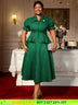 AOMEIDRESS Green Jacquard Two Pieces Set Turn Down Collar Buttoms Peplum Belly Hide Suit A Line Skirt DarkGreen / S