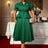 AOMEIDRESS Green Jacquard Two Pieces Set Turn Down Collar Buttoms Peplum Belly Hide Suit A Line Skirt DarkGreen / S