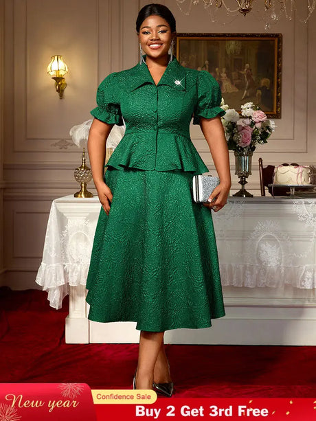 AOMEIDRESS Green Jacquard Two Pieces Set Turn Down Collar Buttoms Peplum Belly Hide Suit A Line Skirt DarkGreen / S