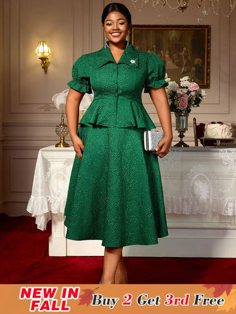 AOMEIDRESS Green Jacquard Two Pieces Set Turn Down Collar Buttoms Peplum Belly Hide Suit A Line Skirt DarkGreen / S