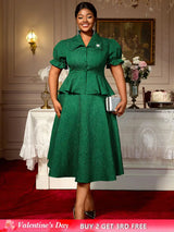AOMEIDRESS Green Jacquard Two Pieces Set Turn Down Collar Buttoms Peplum Belly Hide Suit A Line Skirt DarkGreen / S