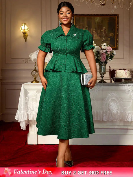 AOMEIDRESS Green Jacquard Two Pieces Set Turn Down Collar Buttoms Peplum Belly Hide Suit A Line Skirt DarkGreen / S