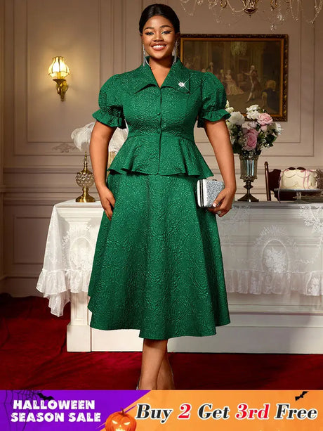 AOMEIDRESS Green Jacquard Two Pieces Set Turn Down Collar Buttoms Peplum Belly Hide Suit A Line Skirt DarkGreen / S