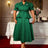 AOMEIDRESS Green Jacquard Two Pieces Set Turn Down Collar Buttoms Peplum Belly Hide Suit A Line Skirt DarkGreen / S