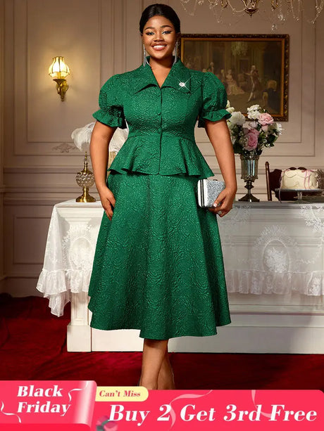 AOMEIDRESS Green Jacquard Two Pieces Set Turn Down Collar Buttoms Peplum Belly Hide Suit A Line Skirt DarkGreen / S