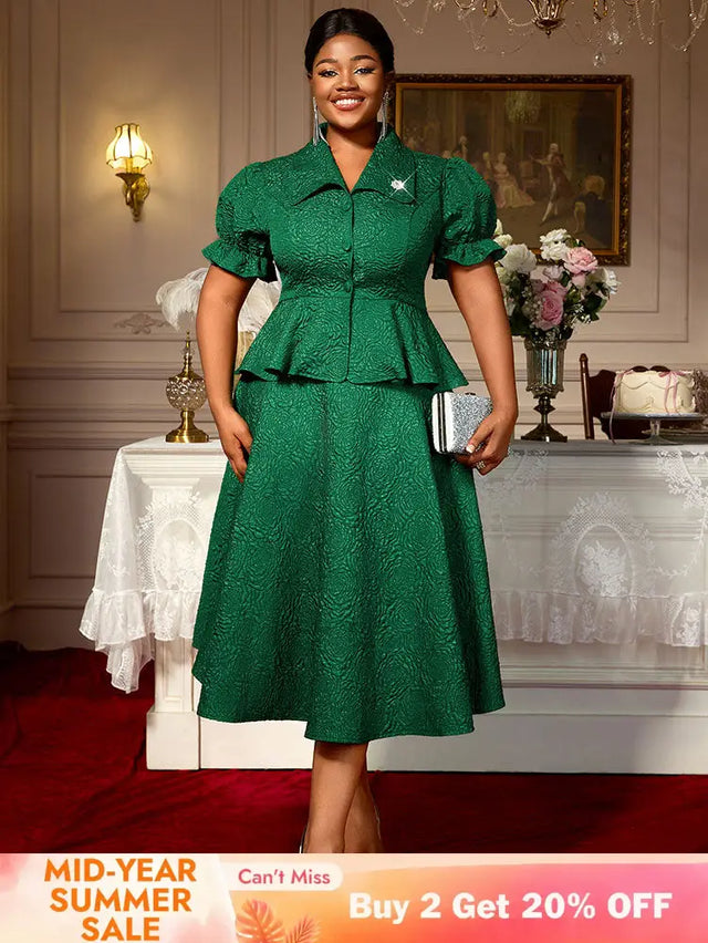 AOMEIDRESS Green Jacquard Two Pieces Set Turn Down Collar Buttoms Peplum Belly Hide Suit A Line Skirt DarkGreen / S