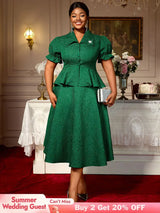 AOMEIDRESS Green Jacquard Two Pieces Set Turn Down Collar Buttoms Peplum Belly Hide Suit A Line Skirt DarkGreen / S