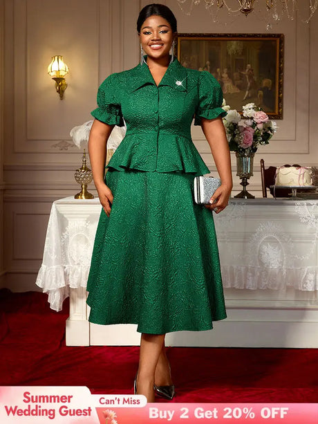 AOMEIDRESS Green Jacquard Two Pieces Set Turn Down Collar Buttoms Peplum Belly Hide Suit A Line Skirt DarkGreen / S