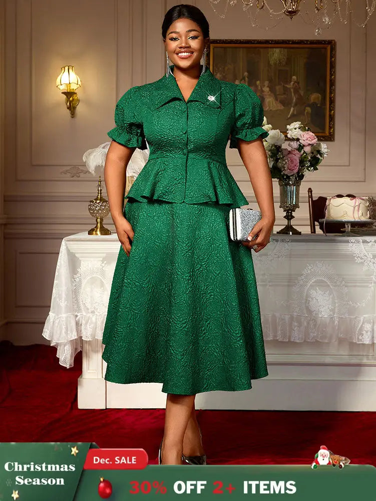 AOMEIDRESS Green Jacquard Two Pieces Set Turn Down Collar Buttoms Peplum Belly Hide Suit A Line Skirt DarkGreen / S