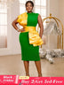 AOMEIDRESS Green Midi Dress Mock Neck Sleeveless Yellow Ruffle Empire Green / S