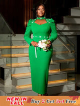 AOMEIDRESS Green Mock Neck Dress Long Sleeve Cut Out Diamonds Beaded Green / S