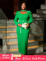 AOMEIDRESS Green Mock Neck Dress Long Sleeve Cut Out Diamonds Beaded Green / S