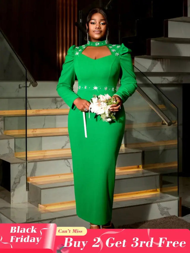 AOMEIDRESS Green Mock Neck Dress Long Sleeve Cut Out Diamonds Beaded Green / S