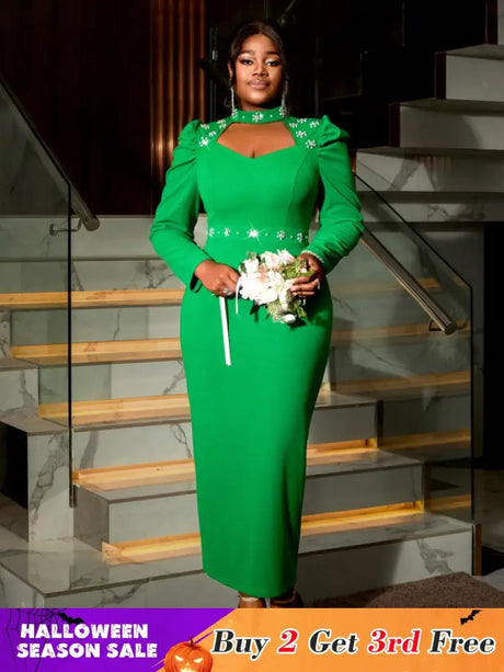 AOMEIDRESS Green Mock Neck Dress Long Sleeve Cut Out Diamonds Beaded Green / S