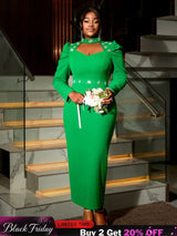 AOMEIDRESS Green Mock Neck Dress Long Sleeve Cut Out Diamonds Beaded Green / S