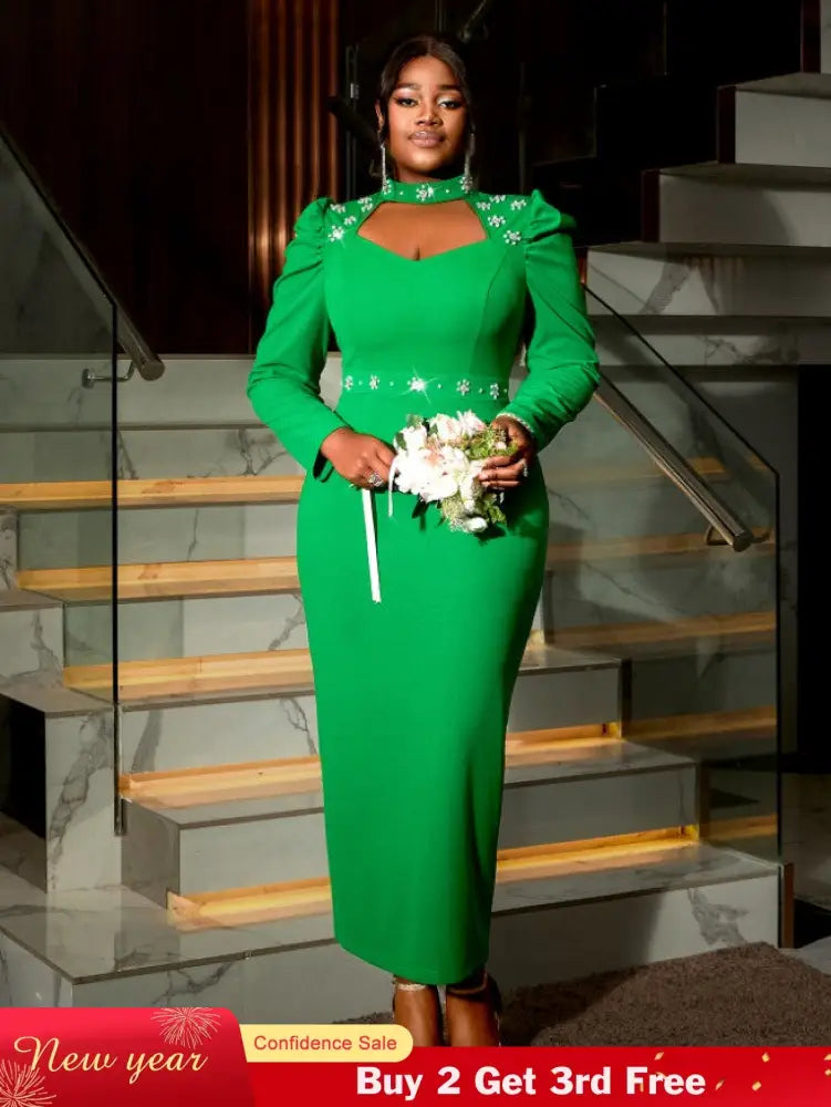 AOMEIDRESS Green Mock Neck Dress Long Sleeve Cut Out Diamonds Beaded Green / S