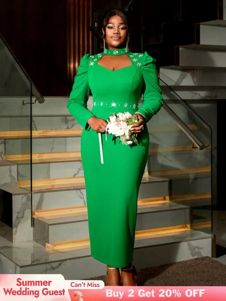 AOMEIDRESS Green Mock Neck Dress Long Sleeve Cut Out Diamonds Beaded Green / S