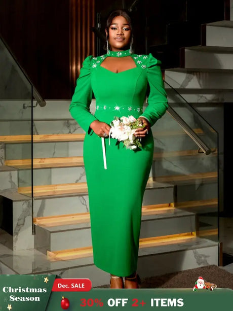 AOMEIDRESS Green Mock Neck Dress Long Sleeve Cut Out Diamonds Beaded Green / S