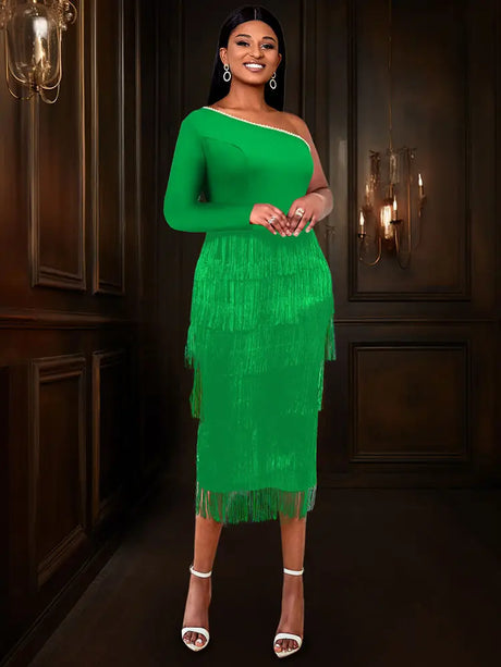AOMEIDRESS Green Party Events Tassels Dresses For Women One Shoulder