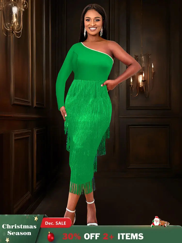 AOMEIDRESS Green Party Events Tassels Dresses For Women One Shoulder Green / S