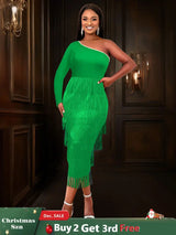 AOMEIDRESS Green Party Events Tassels Dresses For Women One Shoulder Green / S