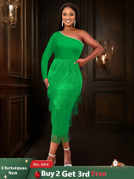 AOMEIDRESS Green Party Events Tassels Dresses For Women One Shoulder Green / S