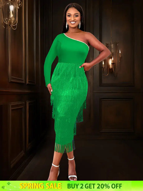 AOMEIDRESS Green Party Events Tassels Dresses For Women One Shoulder Green / S