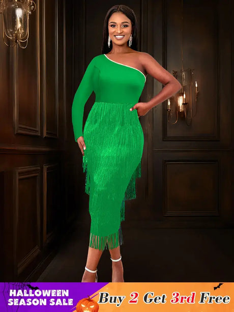 AOMEIDRESS Green Party Events Tassels Dresses For Women One Shoulder Green / S