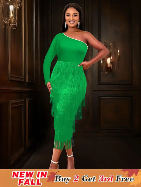 AOMEIDRESS Green Party Events Tassels Dresses For Women One Shoulder Green / S